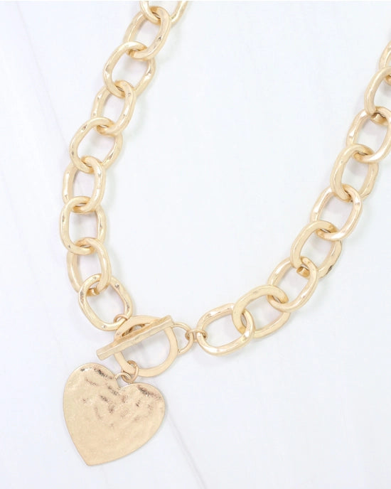 Worn Gold Hammered Heart Charm Toggle Necklace