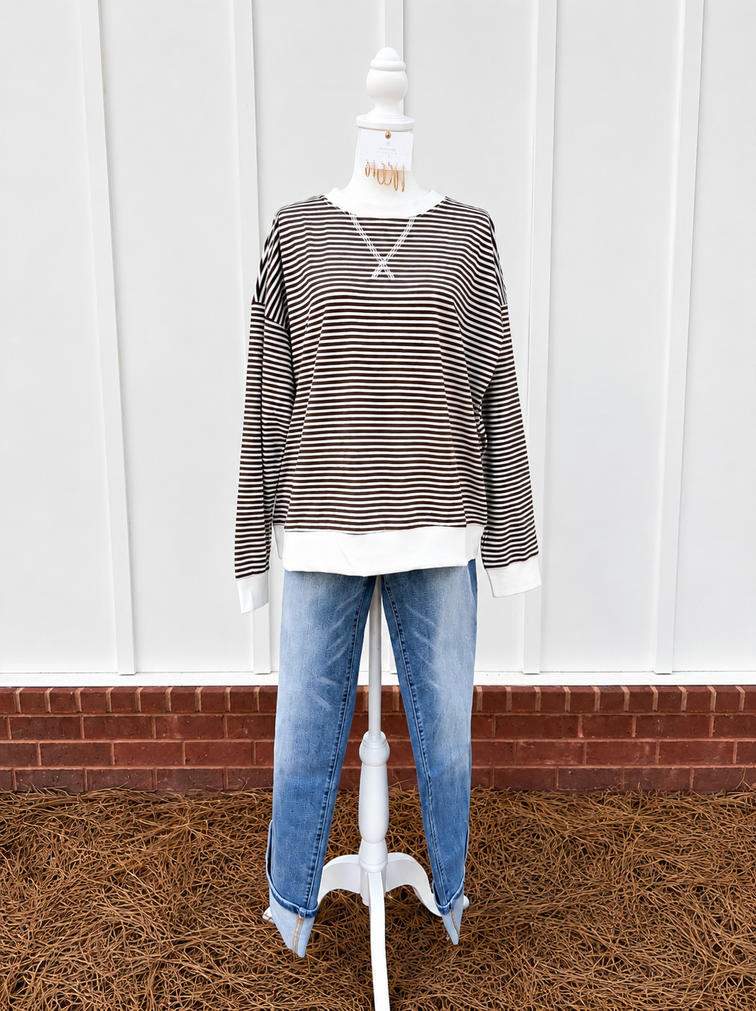 Chocolate Striped Rib Banded Pullover