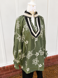 Umgee Olive Floral Lace Trim Blouse