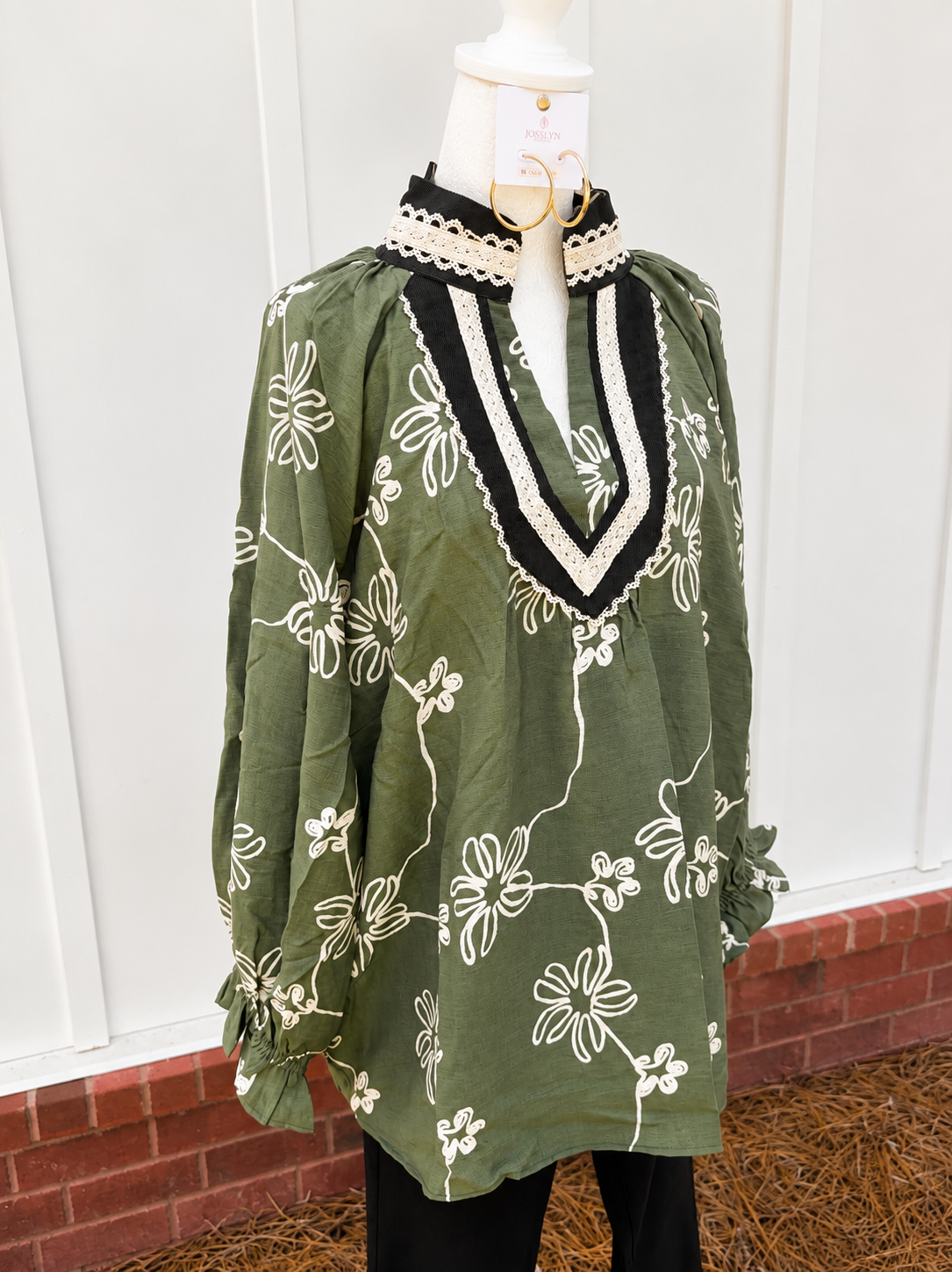 Umgee Olive Floral Lace Trim Blouse