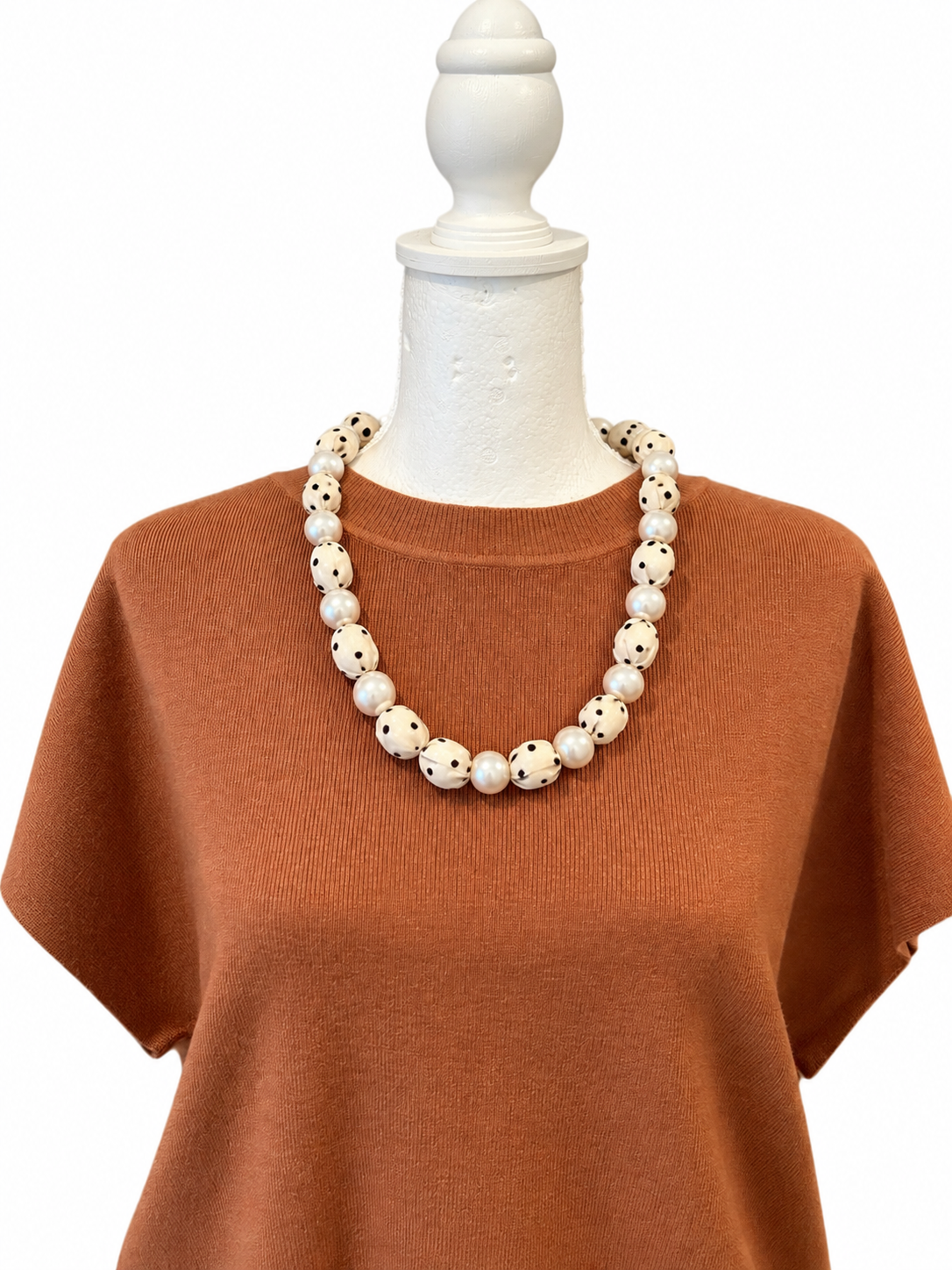 White Pearls and Polka Dot Tie Necklace