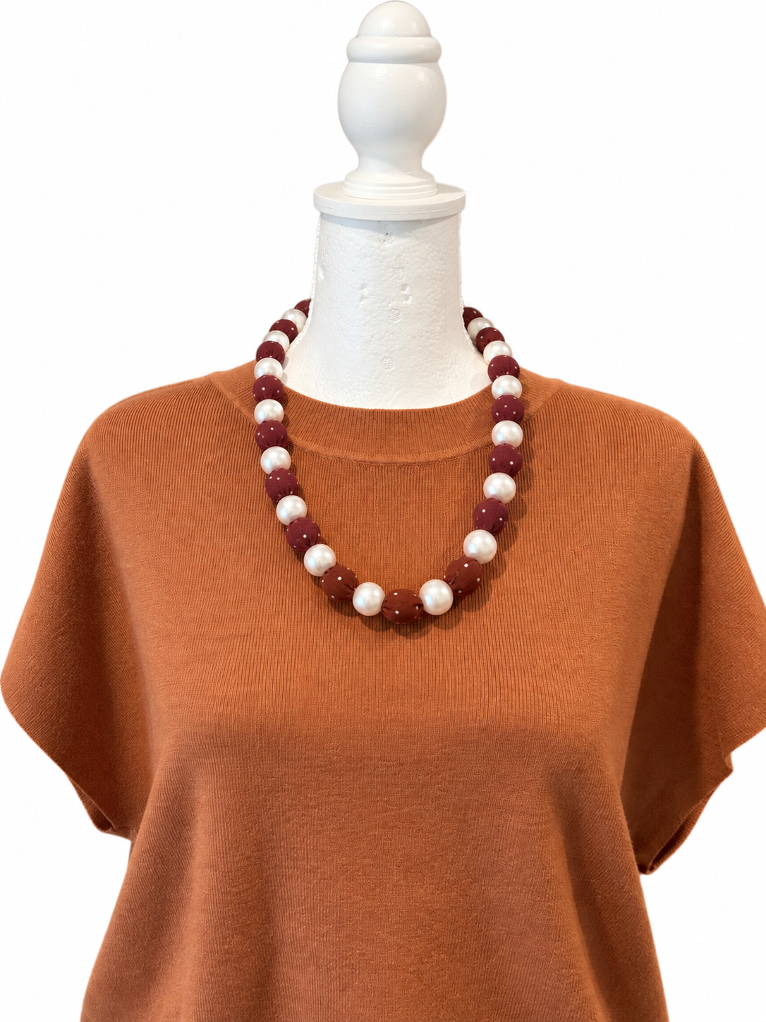 Coffee  Pearls and Polka Dot Tie Necklace