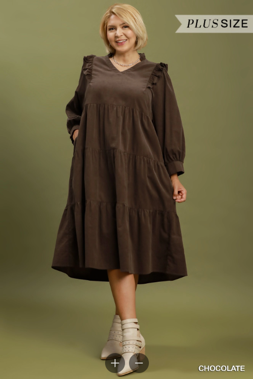 Plus Chocolate Ruffle Midi Dress